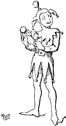 A jester holding a ball and a stick with a jester's head on it