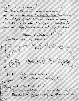 A piece of paper with notes and circles depicting character placement.
